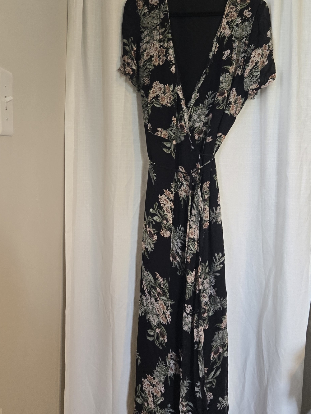 Lucky Brand Black Floral Wrap Maxi Dress with Pink and Green Print